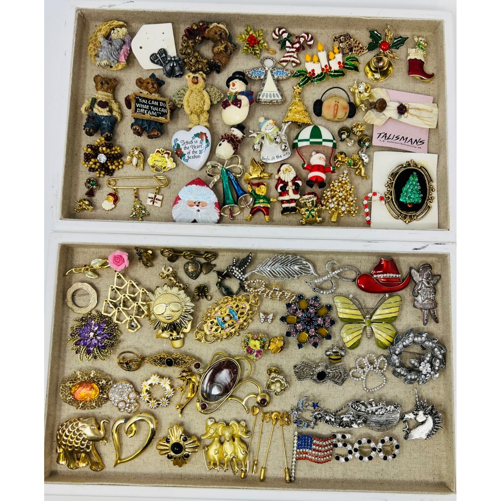 Vintage & Modern Gold & Silver Tone Assorted Rhinestone Floral Brooch lot of 62